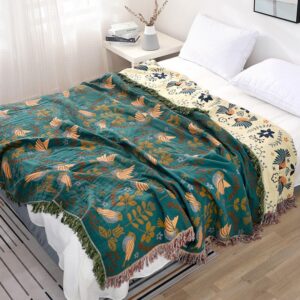 bird and leaf turquoise blanket