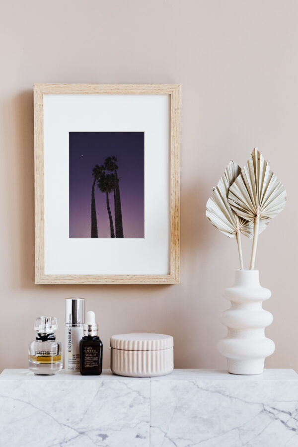 Palm trees purple sunset photography canvas