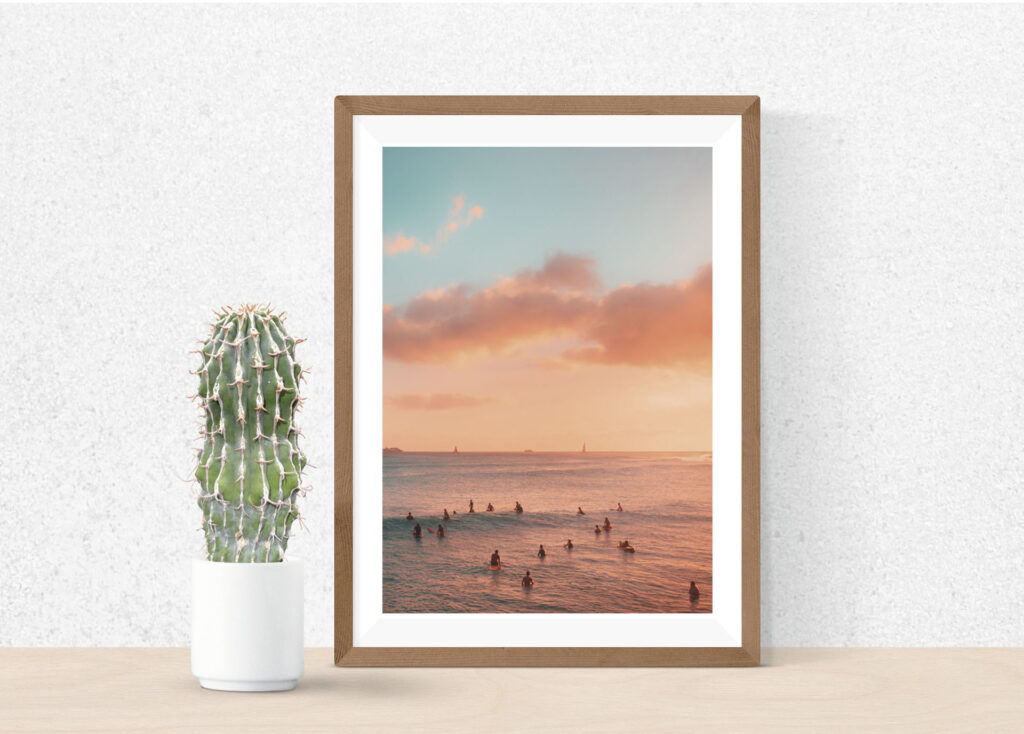 Pink sunset beach surf photography on canvas