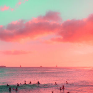 Pink sunset beach surf photography on canvas