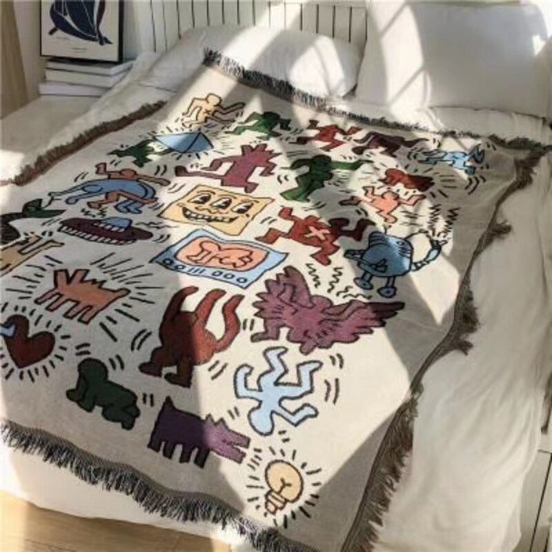 Keith Haring Graffiti WOVEN FRINGE BLANKET, JACQUARD WOVEN TAPESTRY, SOFA  THROW